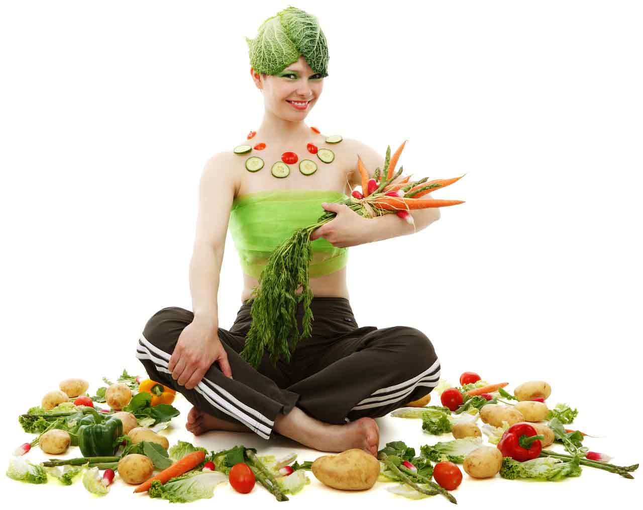 woman covered in vegetables