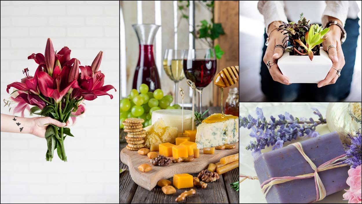 collage of flowers and gifts