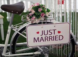 bike with just married sign on it